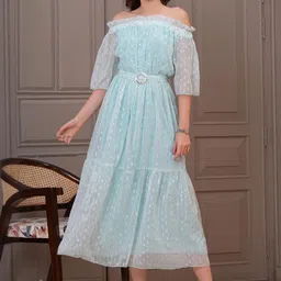 KALINI Off-Shoulder Flared Sleeve Georgette Fit & Flare Midi Dress-10
