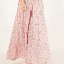 Brownverse Women Floral Printed Pure Cotton Tiered Maxi Skirt-picture-26