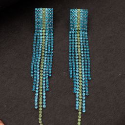 Niscka Silver-Plated Artificial Stones Studded Square Shaped Tasselled Drop Earrings-3