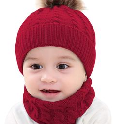 Syga Woolen Pom Pom Cap & Scarf Set Maroon - Diameter 11 cm-20
