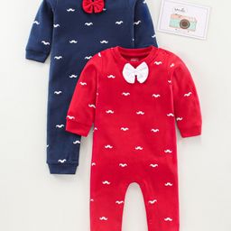 Babyhug Full Sleeves Moustache Printed Cotton Rompers Set of 2 - Red Blue-picture-34