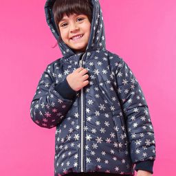 Babyhug Full Sleeves Hooded Padded Jacket Snowflakes Print - Navy Blue-image-94