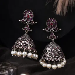 Sangria Purple Silver-Plated Stones Studded & Beaded Dome Shaped Oxidised Jhumkas-53