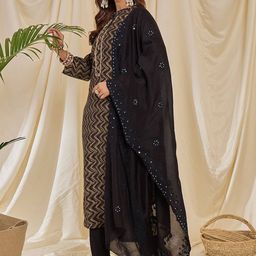 Anouk Women Abstract Printed Regular Mirror Work Kurta with Trousers & With Dupatta image 2