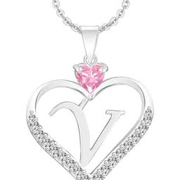 Heer Collection Cubic Zircon Studded Heart Shape Alphabet 'V' Pendant With Chain-22