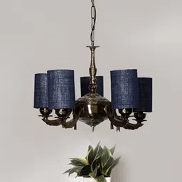 Devansh Blue Jute Round shade with Antique Golden Chandelier Metal Ceiling Lamp-8