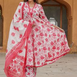Jaitpuriya Women Floral Printed Regular Pure Cotton Kurta with Trousers & With Dupatta-image-64