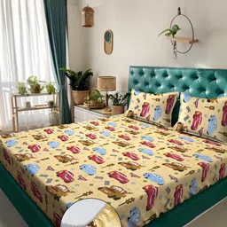 KLOTTHE Yellow Cartoon Characters 400 TC King Bedsheet with 2 Pillow Covers-29