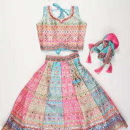 NKV Girls Printed Mirror Work Tie and Dye Ready to Wear Lehenga & Blouse With Dupatta-image-84