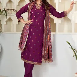 Siya Fashion Floral Printed V-Neck Thread Work Straight Kurta With Trousers & Dupatta-picture-15