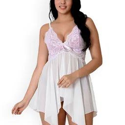 Fihana Women Self Design Net Baby Doll with Asymmetric Hem-picture-1