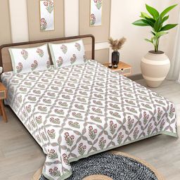 Texstylers White Floral Cotton 210 TC Queen Bedsheet with 2 Pillow Covers-2.74mX2.28m-image-74