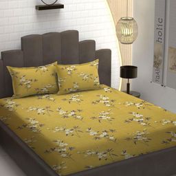 YaAkholic Grey & Mustard Ethnic Motifs 210 TC Queen Bedsheet with 2 Pillow Covers-image-45