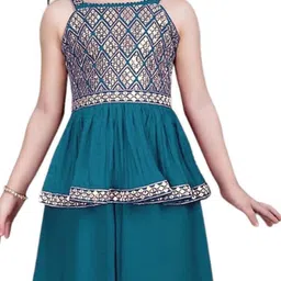 Tulsi Creation Girls Geometric Embroidered Sequinned A-Line Kurti With Palazzos & Dupatta image 2