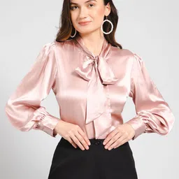 PURYS WORKSPACE Tie-Up Neck Satin Shirt Style Top-picture-44