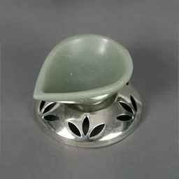 Exotic India Green & Silver Toned Designer Diya With Base Pooja Essentials-image-35