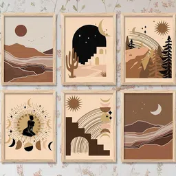 WALLLANE Brown Set of 6 and more Piece Wood Abstract Wall Paintings-35