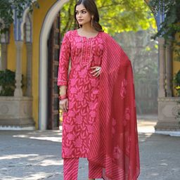 KALINI Floral Printed Notch Neck Gotta Patti Straight Kurta With Trousers & Dupatta-picture-49