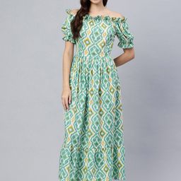 Swishchick Printed Off-Shoulder Cotton Puff Sleeve Maxi Dress-image-89