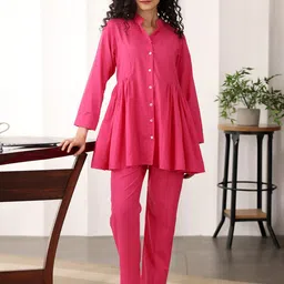 Ambraee Mandarin Collar Pure Cotton A-Line Tunic With Trouser Co-Ords Set-image-66
