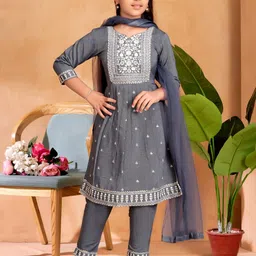 Sangria Girls Grey Cotton Blend Kurta Sets-image-57