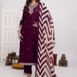 Sangria Floral Embroidered V-Neck Thread Work Straight Kurta & Trousers With Dupatta-image-63