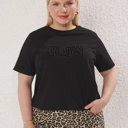 Trendyol Women Plus Size Typography Printed Round Neck Cotton T-shirt-image-33