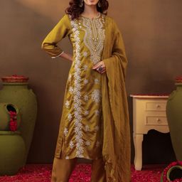 SCAKHI Women Embroidered Regular Chikankari Chanderi Silk Kurta with Trousers & With Dupatta-image-60
