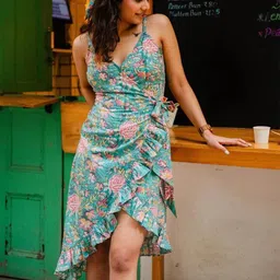 ODHANON Green Hand Block Floral Printed Wrap Asymmetric Dress-picture-14