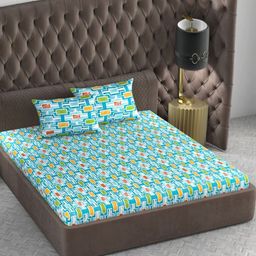 Divine Casa Blue & White Geometric 144 TC Queen Bedsheet with 2 Pillow Covers-image-91