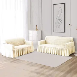 HOKIPO Cream-Coloured Solid Polyester 5 Piece Sofa Cover-0