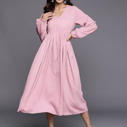 Varanga Solid Gathered Puff Sleeve Crepe A-Line Midi Dress-picture-1