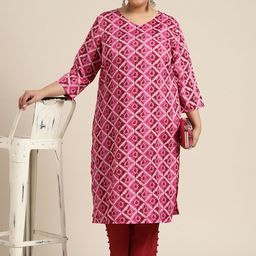 Sztori Women Plus Size Pink & Off White Printed Kurta-picture-16