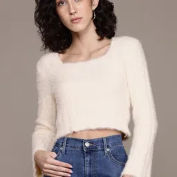 Roadster Boucle Woollen Crop Pullover with Fuzzy Detail-image-36