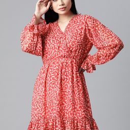 plusS Women Coral Abstract Print Bell Sleeves Dress With Ruffle Detail-image-41
