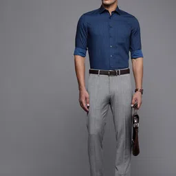 Louis Philippe Men Grey Checked Slim Fit Formal Trousers-image-67