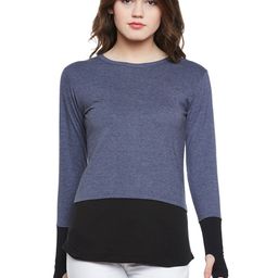 Hypernation Women Blue & Black Colourblocked Round Neck T-shirt-picture-6