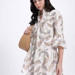 glitchez Dobby Elegance Floral Print Bell Sleeves Tiered Mini Shirt Style Dress-picture-31
