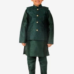 Pro-Ethic Style Developer Kids Dark Green Printed Full Sleeves Kurta, Waistcoat with Pyjamas-picture-12