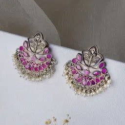 Teejh Nimrat Magenta Stone Silver Oxidized Drop Earrings-image-3