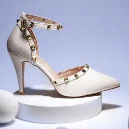 The White Pole Women's White Ankle Strap Stilettos-image-9