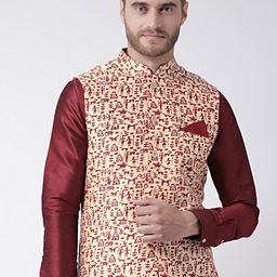 DEYANN Men Cream-Coloured & Maroon Printed Nehru Jacket-30