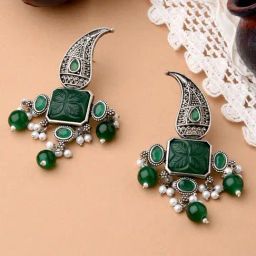 Fida Paisley Emerald Beaded Green Dangler Earrings-image-10