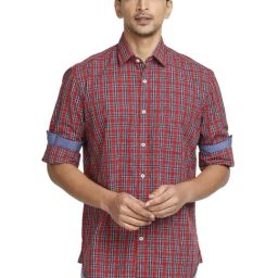 ColorPlus Dark Red Cotton Tailored Fit Checks Shirt-picture-35