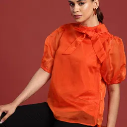 all about you High Neck Puff Sleeves Tie-Ups Detailed Top-image-71