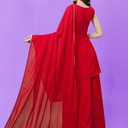 PARROT CREATION Geometric Embroidered Georgette Straight Kurti With Palazzo & Dupatta image 4