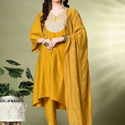 Sangria Ethnic Motifs Yoke Design Sequinned A-Line Kurta With Dhoti Pant & Dupatta image 1