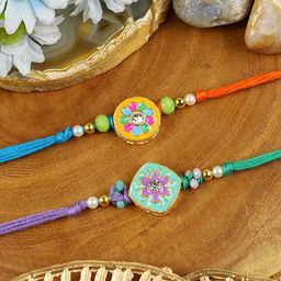 Asthetika Set Of 2 Artificial Stones Studded & Beaded Thread Rakhis With Roli Chawal-14