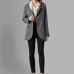 JC Collection Women Grey & Black Checked Hip length Formal Coat-image-15