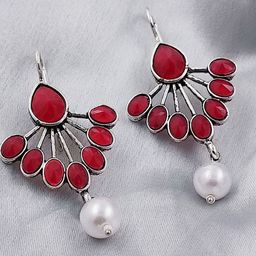 Saizen Silver-Plated Stones Studded & Beaded Teardrop Shaped Oxidised Drop Earrings-image-97